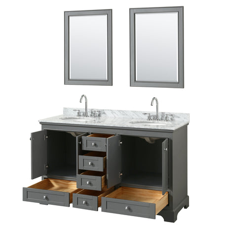 Deborah 60 Inch Double Bathroom Vanity in Dark Gray White Carrara Marble Countertop Undermount Oval Sinks and 24 Inch Mirrors