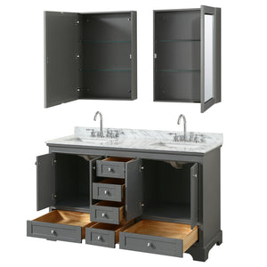 Deborah 60 Inch Double Bathroom Vanity in Dark Gray White Carrara Marble Countertop Undermount Square Sinks and Medicine Cabinets