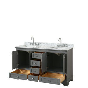 Deborah 60 Inch Double Bathroom Vanity in Dark Gray White Carrara Marble Countertop Undermount Square Sinks and No Mirror