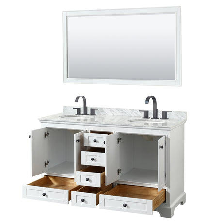 Deborah 60 Inch Double Bathroom Vanity in White White Carrara Marble Countertop Undermount Oval Sinks Matte Black Trim 58 Inch Mirror