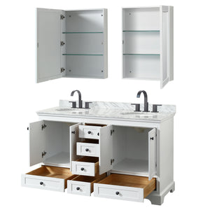 Deborah 60 Inch Double Bathroom Vanity in White White Carrara Marble Countertop Undermount Oval Sinks Matte Black Trim Medicine Cabinets