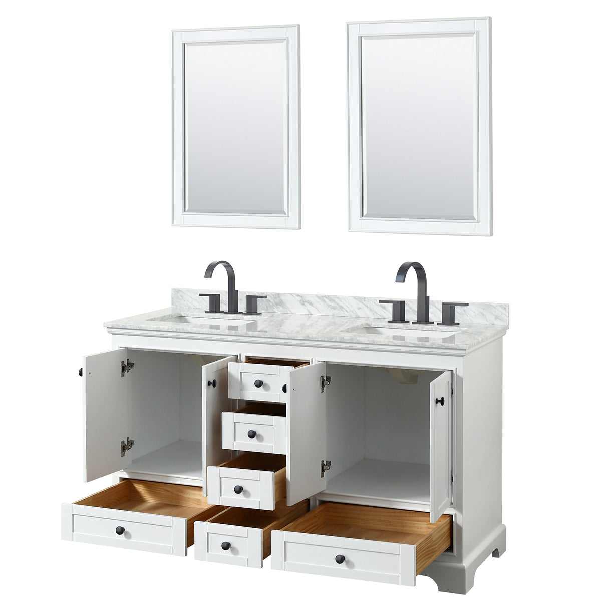 Deborah 60 Inch Double Bathroom Vanity in White White Carrara Marble Countertop Undermount Square Sinks Matte Black Trim 24 Inch Mirrors