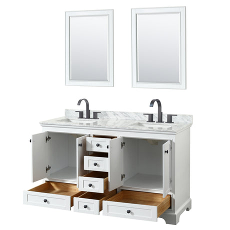 Deborah 60 Inch Double Bathroom Vanity in White White Carrara Marble Countertop Undermount Square Sinks Matte Black Trim 24 Inch Mirrors