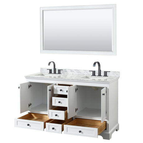 Deborah 60 Inch Double Bathroom Vanity in White White Carrara Marble Countertop Undermount Square Sinks Matte Black Trim 58 Inch Mirror