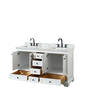 Deborah 60 Inch Double Bathroom Vanity in White White Carrara Marble Countertop Undermount Square Sinks Matte Black Trim