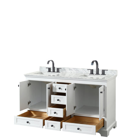 Deborah 60 Inch Double Bathroom Vanity in White White Carrara Marble Countertop Undermount Square Sinks Matte Black Trim