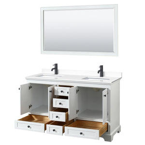 Deborah 60 Inch Double Bathroom Vanity in White White Cultured Marble Countertop Undermount Square Sinks Matte Black Trim 58 Inch Mirror