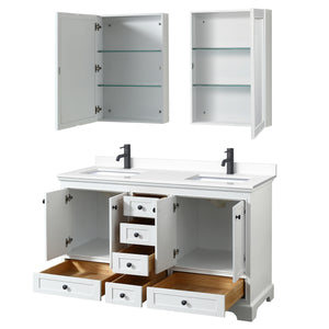 Deborah 60 Inch Double Bathroom Vanity in White White Cultured Marble Countertop Undermount Square Sinks Matte Black Trim Medicine Cabinets