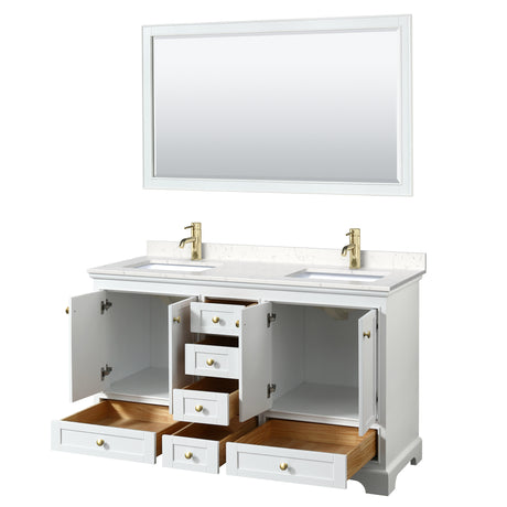 Deborah 60 Inch Double Bathroom Vanity in White Carrara Cultured Marble Countertop Undermount Square Sinks Brushed Gold Trim 58 Inch Mirror