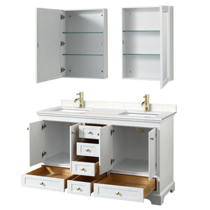Deborah 60 Inch Double Bathroom Vanity in White Carrara Cultured Marble Countertop Undermount Square Sinks Brushed Gold Trim Medicine Cabinets