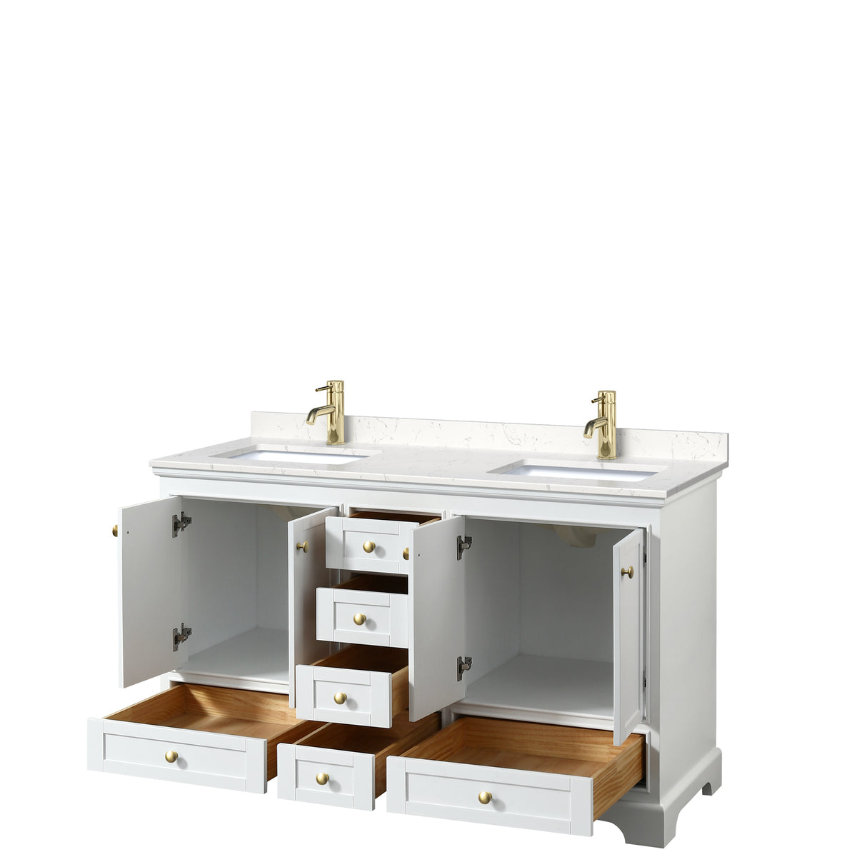 Deborah 60 Inch Double Bathroom Vanity in White Carrara Cultured Marble Countertop Undermount Square Sinks Brushed Gold Trim No Mirrors