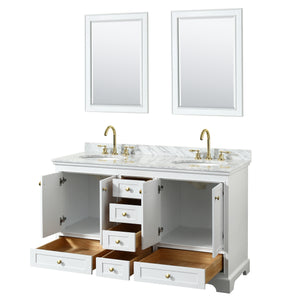 Deborah 60 Inch Double Bathroom Vanity in White White Carrara Marble Countertop Undermount Oval Sinks Brushed Gold Trim 24 Inch Mirrors