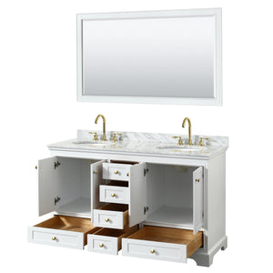 Deborah 60 Inch Double Bathroom Vanity in White White Carrara Marble Countertop Undermount Oval Sinks Brushed Gold Trim 58 Inch Mirror