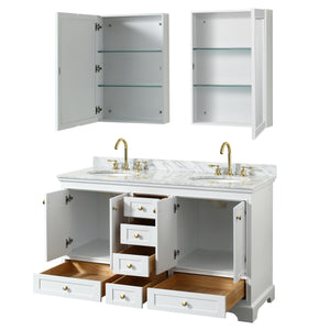 Deborah 60 Inch Double Bathroom Vanity in White White Carrara Marble Countertop Undermount Oval Sinks Brushed Gold Trim Medicine Cabinets