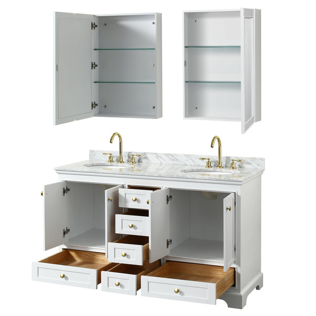 Deborah 60 Inch Double Bathroom Vanity in White White Carrara Marble Countertop Undermount Oval Sinks Brushed Gold Trim Medicine Cabinets