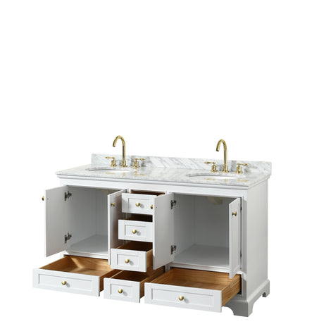 Deborah 60 Inch Double Bathroom Vanity in White White Carrara Marble Countertop Undermount Oval Sinks Brushed Gold Trim No Mirrors