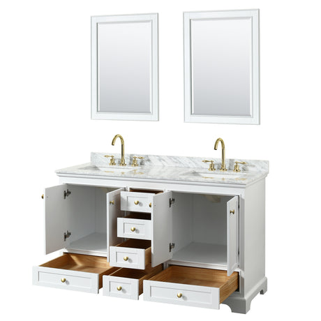 Deborah 60 Inch Double Bathroom Vanity in White White Carrara Marble Countertop Undermount Square Sinks Brushed Gold Trim 24 Inch Mirrors