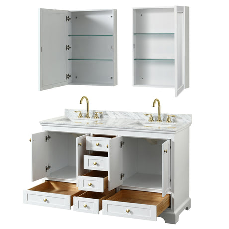 Deborah 60 Inch Double Bathroom Vanity in White White Carrara Marble Countertop Undermount Square Sinks Brushed Gold Trim Medicine Cabinets