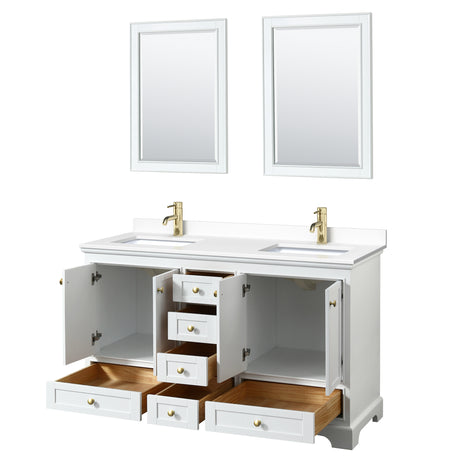 Deborah 60 Inch Double Bathroom Vanity in White White Cultured Marble Countertop Undermount Square Sinks Brushed Gold Trim 24 Inch Mirrors