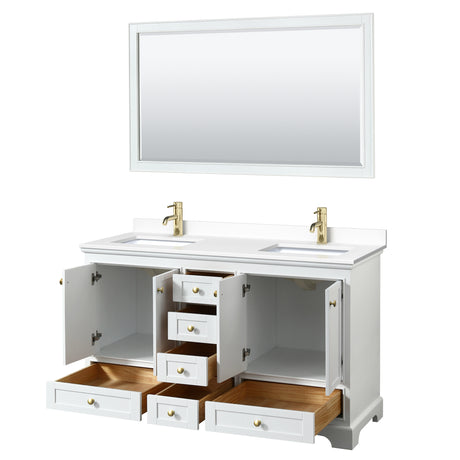 Deborah 60 Inch Double Bathroom Vanity in White White Cultured Marble Countertop Undermount Square Sinks Brushed Gold Trim 58 Inch Mirror