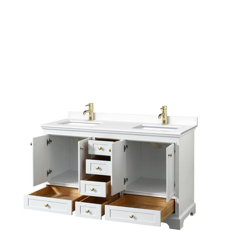 Deborah 60 Inch Double Bathroom Vanity in White White Cultured Marble Countertop Undermount Square Sinks Brushed Gold Trim No Mirrors