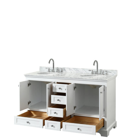 Deborah 60 Inch Double Bathroom Vanity in White White Carrara Marble Countertop Undermount Oval Sinks and No Mirrors