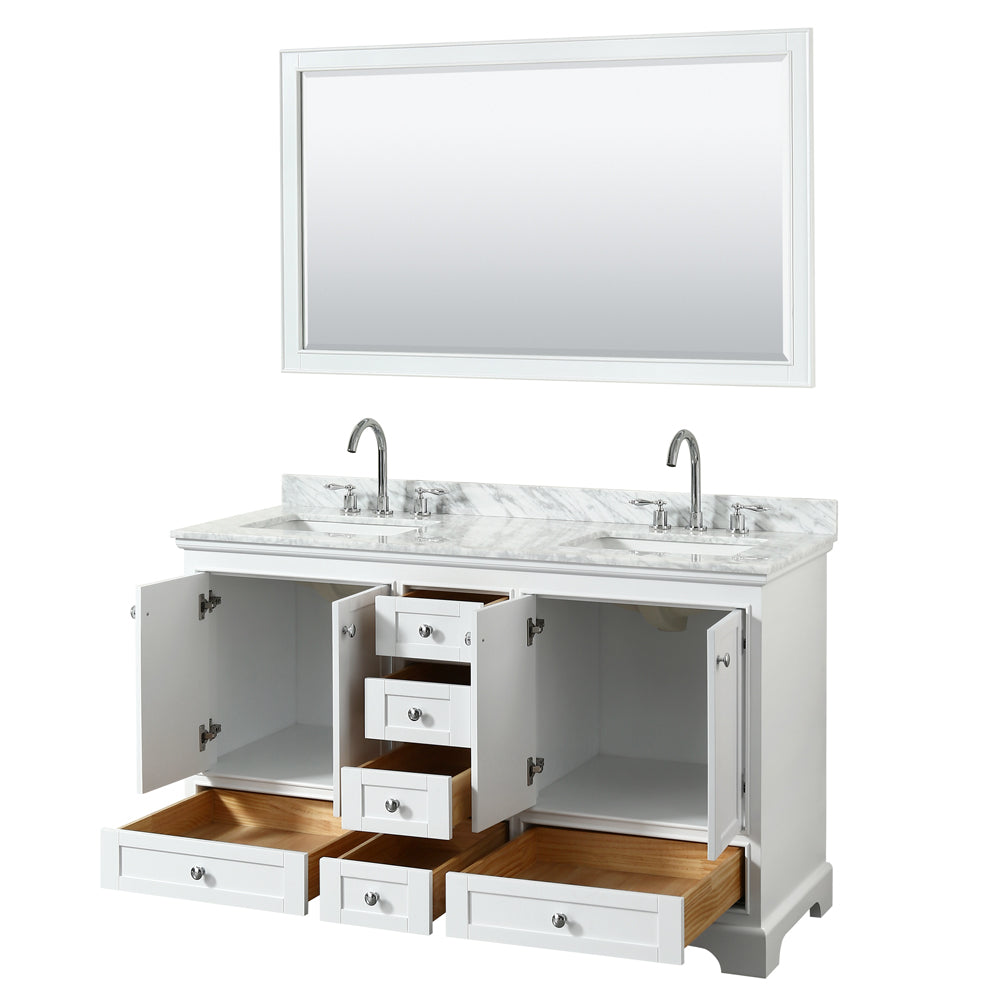 Deborah 60 Inch Double Bathroom Vanity in White White Carrara Marble Countertop Undermount Square Sinks and 58 Inch Mirror