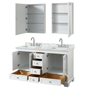 Deborah 60 Inch Double Bathroom Vanity in White White Carrara Marble Countertop Undermount Square Sinks and Medicine Cabinets