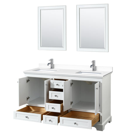 Deborah 60 Inch Double Bathroom Vanity in White White Cultured Marble Countertop Undermount Square Sinks 24 Inch Mirrors
