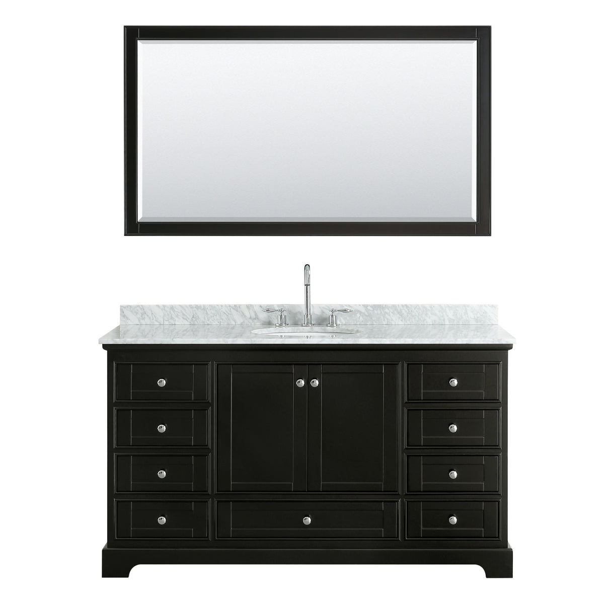 Deborah 60 Inch Single Bathroom Vanity in Dark Espresso White Carrara Marble Countertop Undermount Oval Sink and 58 Inch Mirror