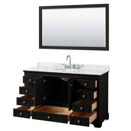 Deborah 60 Inch Single Bathroom Vanity in Dark Espresso White Carrara Marble Countertop Undermount Oval Sink and 58 Inch Mirror