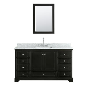 Deborah 60 Inch Single Bathroom Vanity in Dark Espresso White Carrara Marble Countertop Undermount Square Sink and Medicine Cabinet