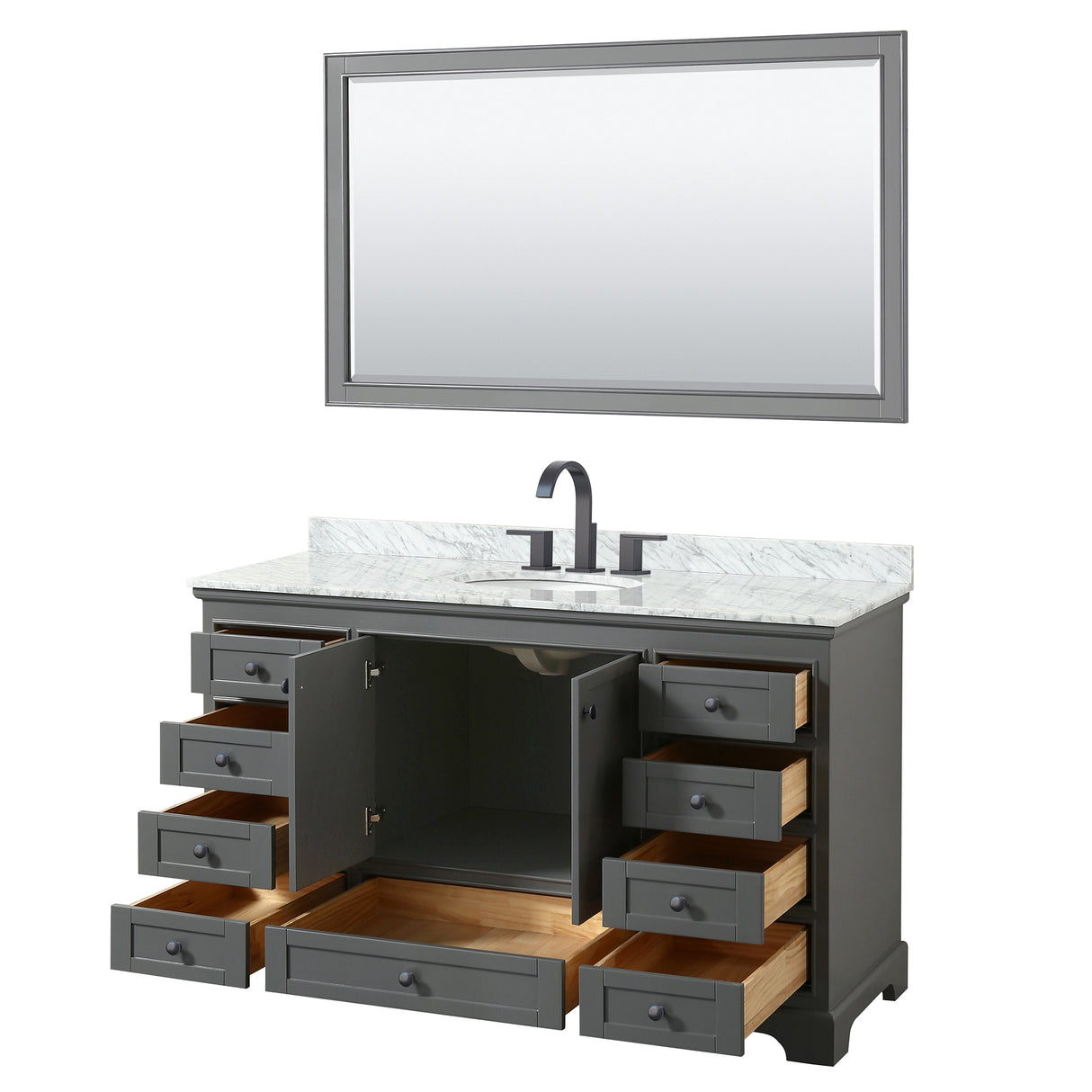 Deborah 60 Inch Single Bathroom Vanity in Dark Gray White Carrara Marble Countertop Undermount Oval Sink Matte Black Trim 58 Inch Mirror