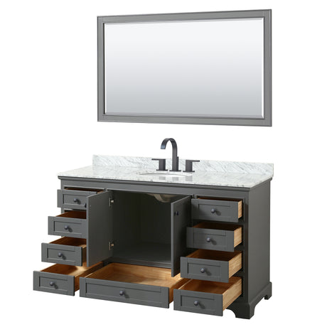 Deborah 60 Inch Single Bathroom Vanity in Dark Gray White Carrara Marble Countertop Undermount Oval Sink Matte Black Trim 58 Inch Mirror