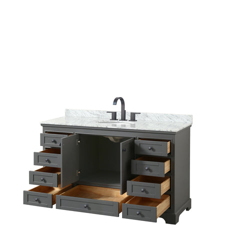 Deborah 60 Inch Single Bathroom Vanity in Dark Gray White Carrara Marble Countertop Undermount Oval Sink Matte Black Trim