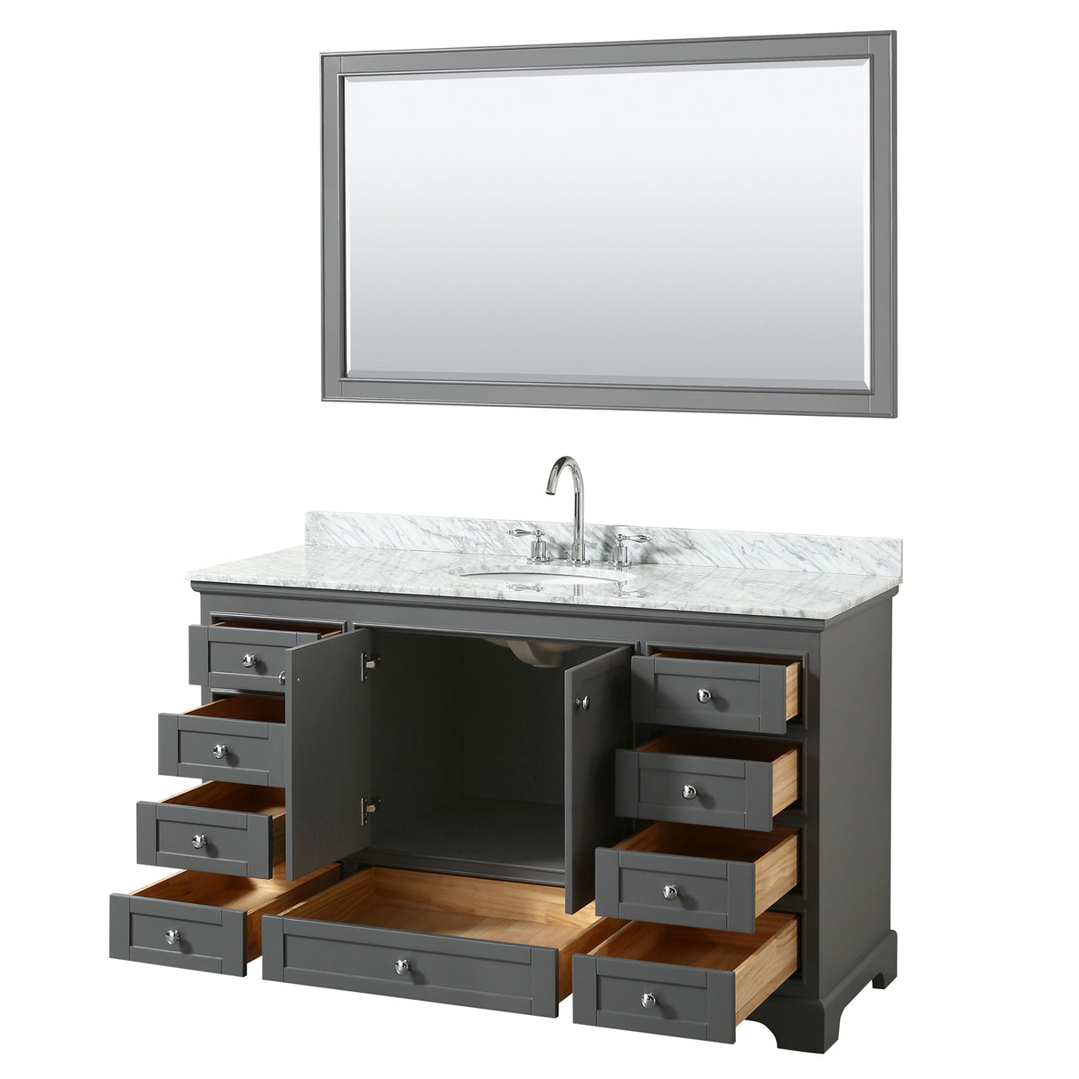 Deborah 60 Inch Single Bathroom Vanity in Dark Gray White Carrara Marble Countertop Undermount Oval Sink and 58 Inch Mirror