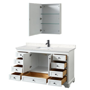 Deborah 60 Inch Single Bathroom Vanity in White Carrara Cultured Marble Countertop Undermount Square Sink Matte Black Trim Medicine Cabinet
