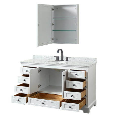 Deborah 60 Inch Single Bathroom Vanity in White White Carrara Marble Countertop Undermount Oval Sink Matte Black Trim Medicine Cabinet