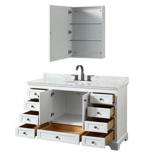 Deborah 60 Inch Single Bathroom Vanity in White White Carrara Marble Countertop Undermount Oval Sink Matte Black Trim Medicine Cabinet