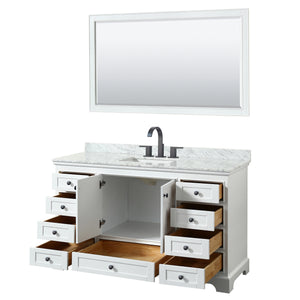 Deborah 60 Inch Single Bathroom Vanity in White White Carrara Marble Countertop Undermount Square Sink Matte Black Trim 58 Inch Mirror