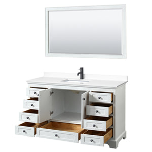 Deborah 60 Inch Single Bathroom Vanity in White White Cultured Marble Countertop Undermount Square Sink Matte Black Trim 58 Inch Mirror