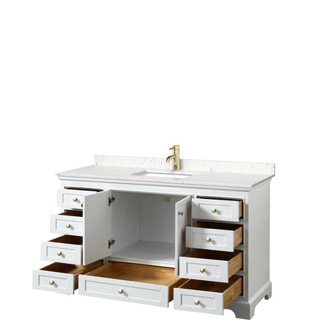 Deborah 60 Inch Single Bathroom Vanity in White Carrara Cultured Marble Countertop Undermount Square Sink Brushed Gold Trim No Mirror
