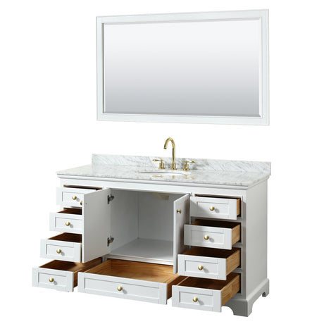 Deborah 60 Inch Single Bathroom Vanity in White White Carrara Marble Countertop Undermount Oval Sink Brushed Gold Trim 58 Inch Mirror