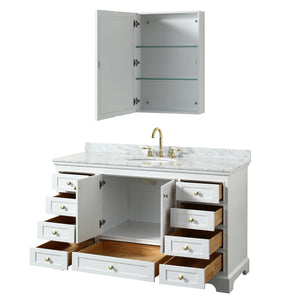 Deborah 60 Inch Single Bathroom Vanity in White White Carrara Marble Countertop Undermount Oval Sink Brushed Gold Trim Medicine Cabinet