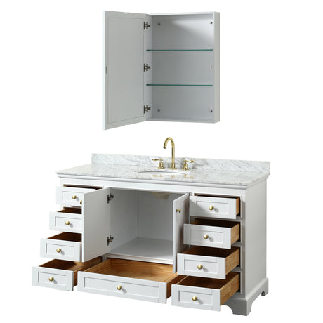 Deborah 60 Inch Single Bathroom Vanity in White White Carrara Marble Countertop Undermount Oval Sink Brushed Gold Trim Medicine Cabinet