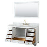 Deborah 60 Inch Single Bathroom Vanity in White White Carrara Marble Countertop Undermount Square Sink Brushed Gold Trim 58 Inch Mirror