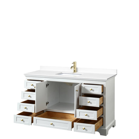 Deborah 60 Inch Single Bathroom Vanity in White White Cultured Marble Countertop Undermount Square Sink Brushed Gold Trim No Mirror