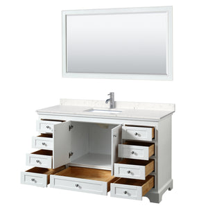 Deborah 60 Inch Single Bathroom Vanity in White Carrara Cultured Marble Countertop Undermount Square Sink 58 Inch Mirror