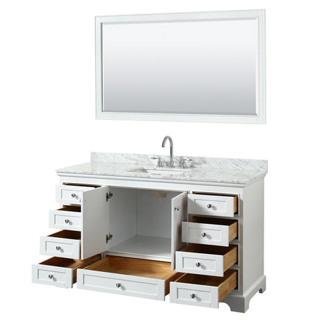 Deborah 60 Inch Single Bathroom Vanity in White White Carrara Marble Countertop Undermount Square Sink and 58 Inch Mirror