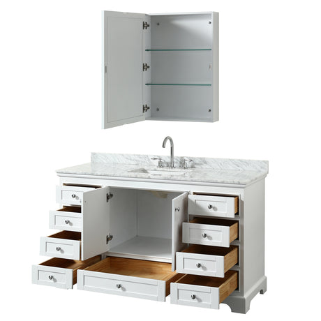 Deborah 60 Inch Single Bathroom Vanity in White White Carrara Marble Countertop Undermount Square Sink and Medicine Cabinet